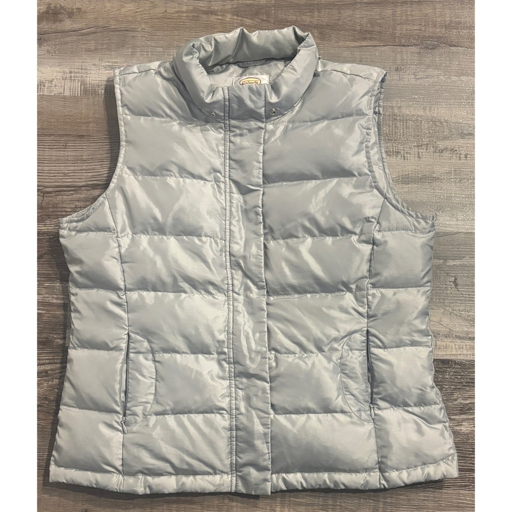 Talbots Womens Puffer Vest Light Blue Grey Quilted Zip Front Sleeveless Medium